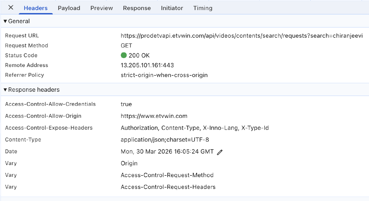 Chrome DevTools network tab showing API requests to prodetvapi.etvwin.com