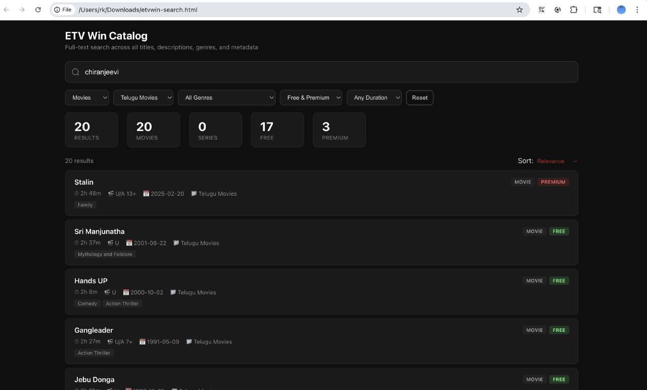 Custom local search app built from the scraped ETVWin catalog